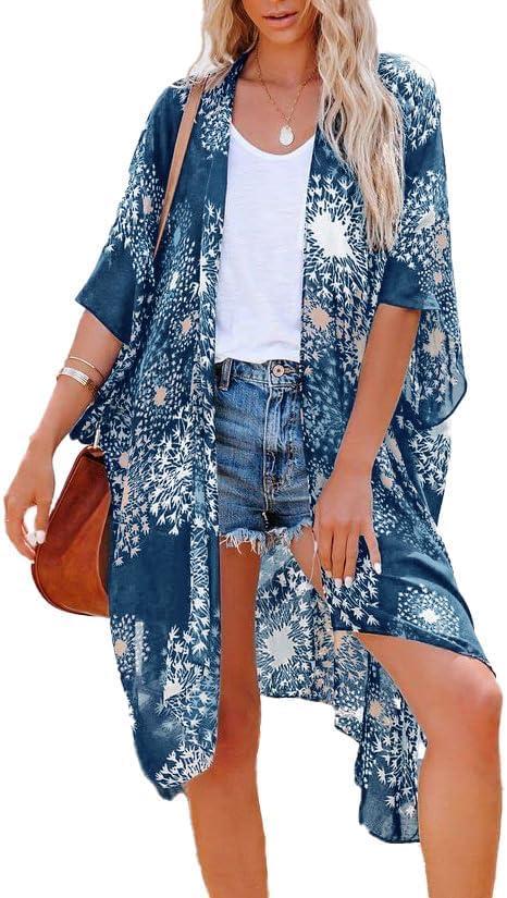 imageWomens Kimono Swimsuit Coverups Summer Beach Casual Loose Cardigans for SwimwearNavy Fire Print