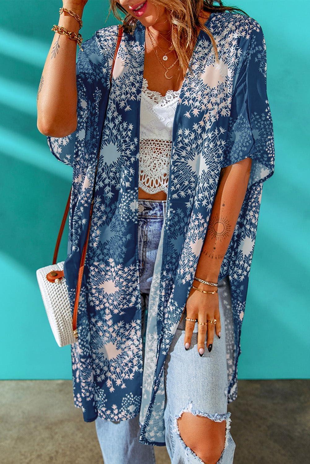 imageWomens Kimono Swimsuit Coverups Summer Beach Casual Loose Cardigans for SwimwearNavy Fire Print