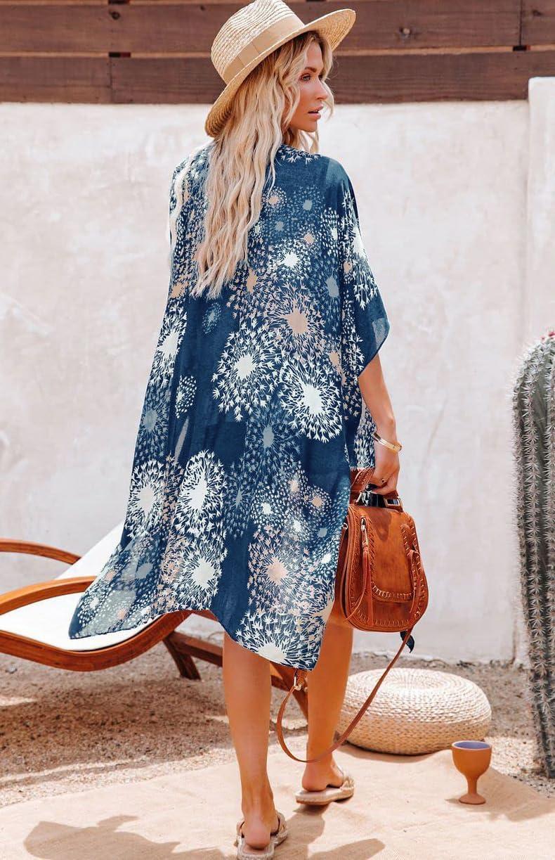imageWomens Kimono Swimsuit Coverups Summer Beach Casual Loose Cardigans for SwimwearNavy Fire Print