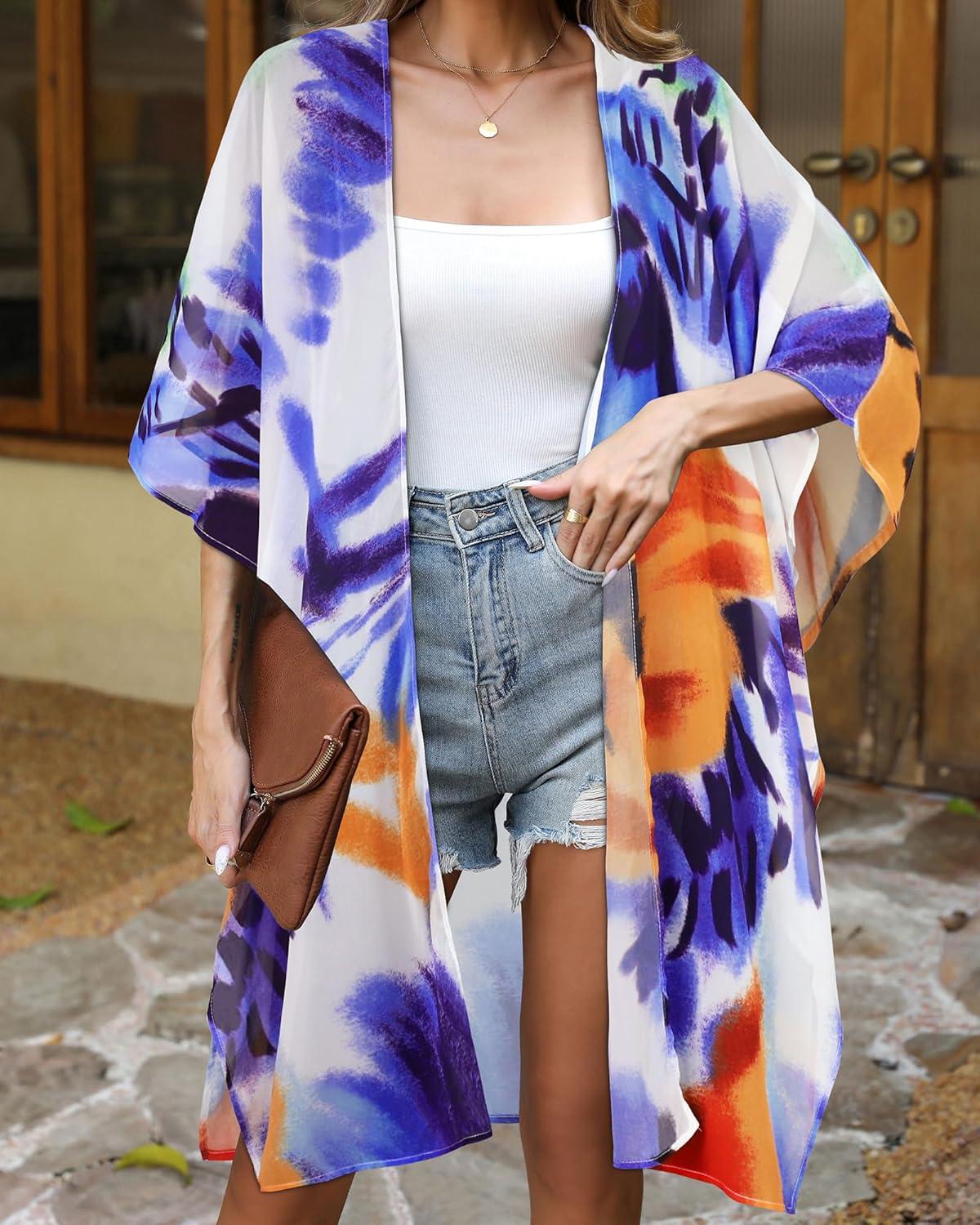 imageWomens Kimono Swimsuit Coverups Summer Beach Casual Loose Cardigans for SwimwearOrange Blue Print