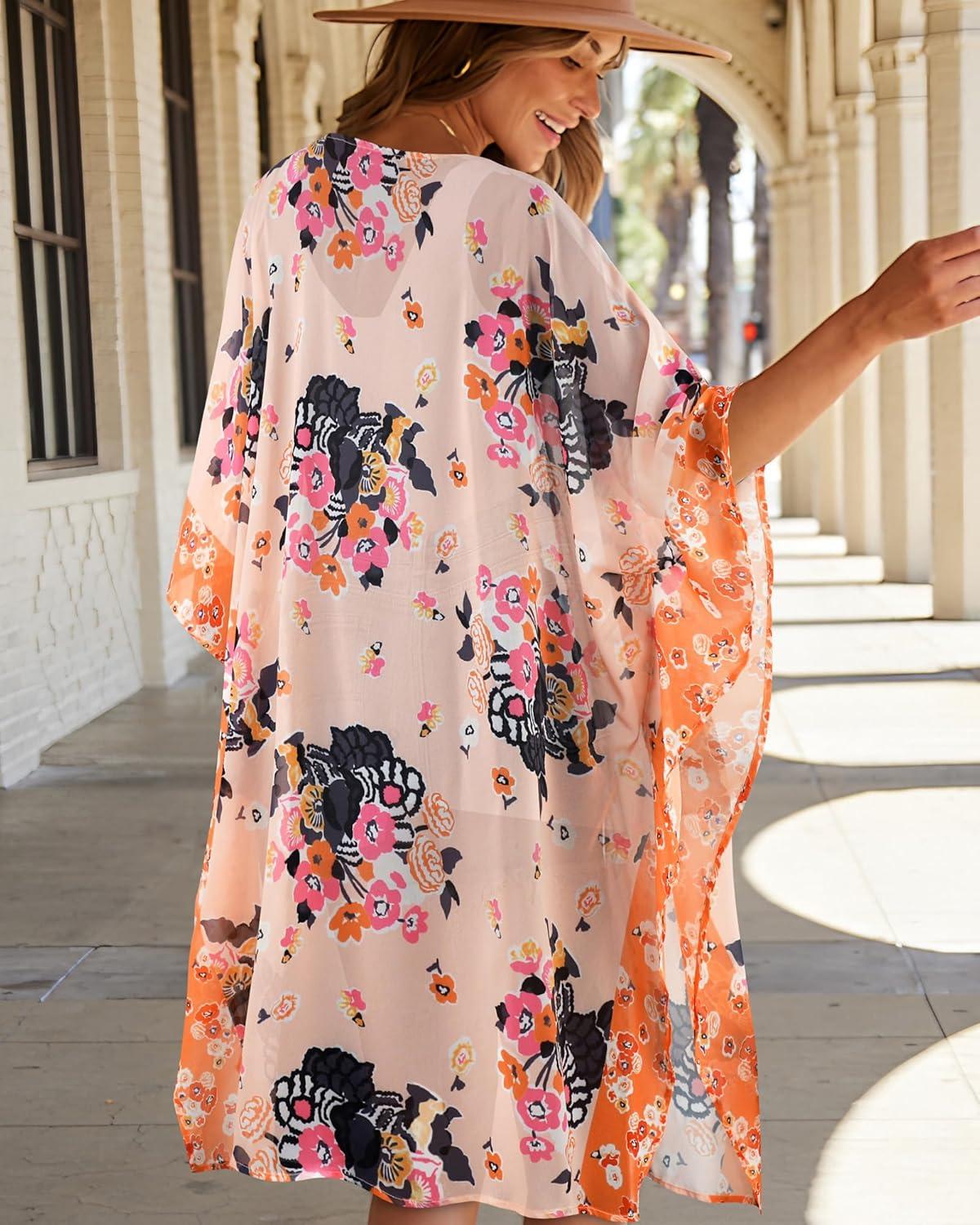 imageWomens Kimono Swimsuit Coverups Summer Beach Casual Loose Cardigans for SwimwearPink Flower