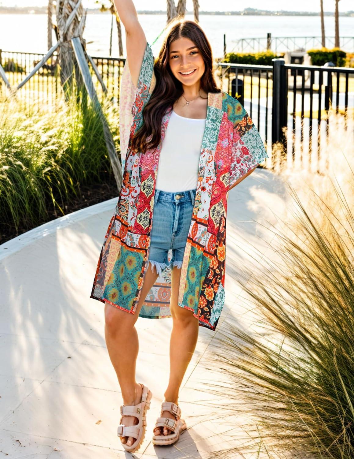 imageWomens Kimono Swimsuit Coverups Summer Beach Casual Loose Cardigans for SwimwearRed Green Patchwork