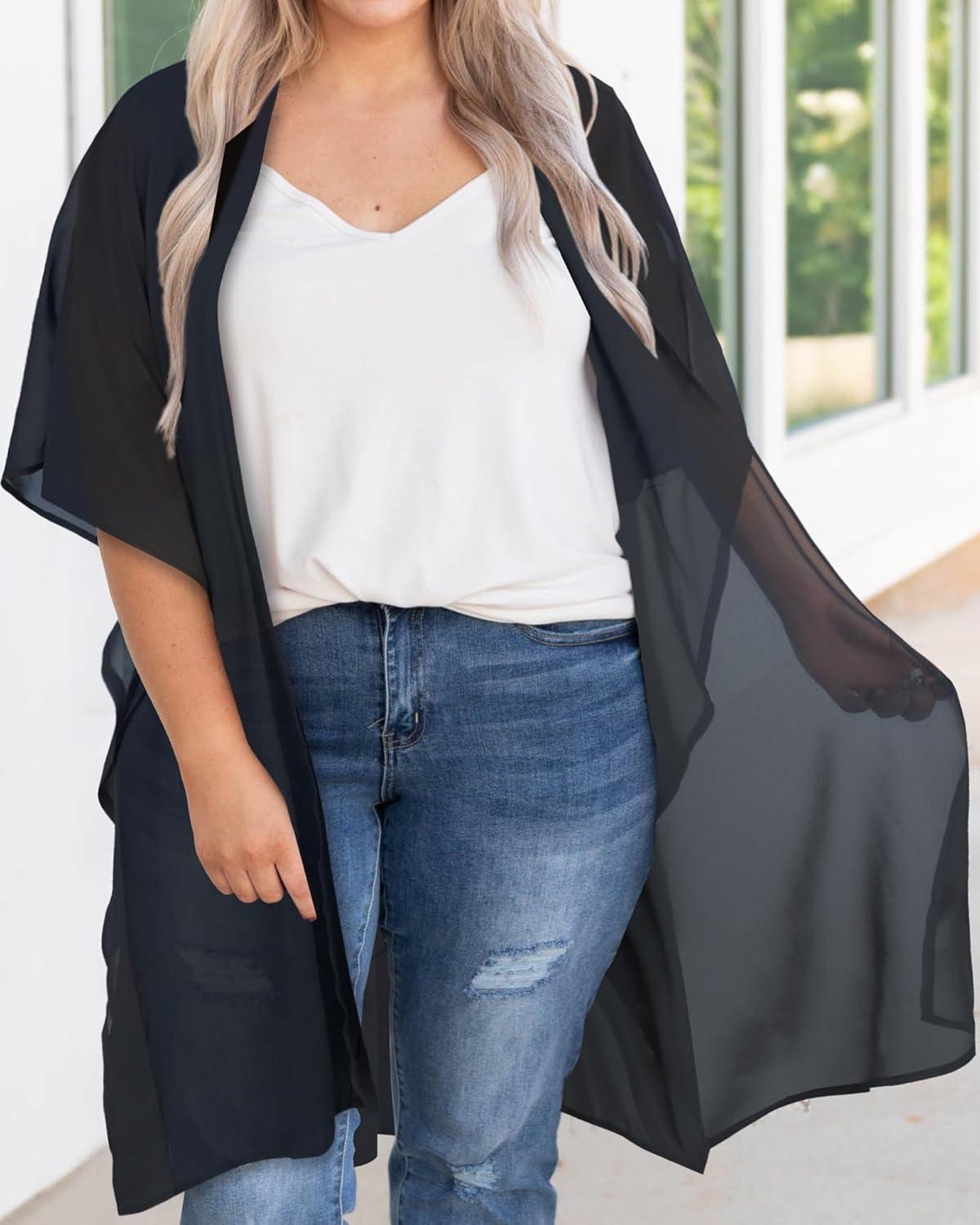 imageWomens Kimono Swimsuit Coverups Summer Beach Casual Loose Cardigans for SwimwearSolid Black