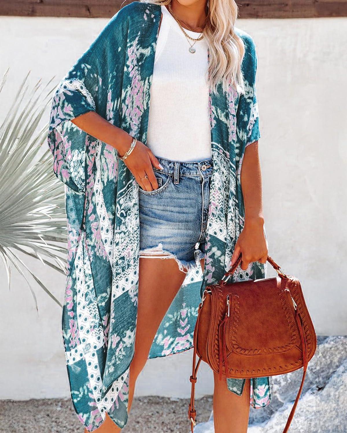 imageWomens Kimono Swimsuit Coverups Summer Beach Casual Loose Cardigans for SwimwearTeal Paisley Print
