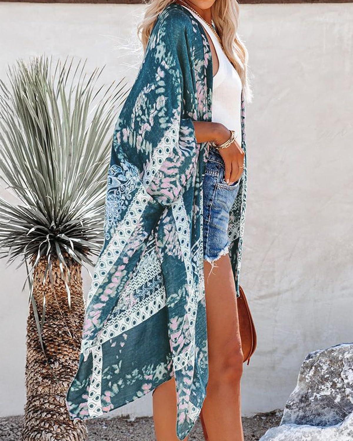 imageWomens Kimono Swimsuit Coverups Summer Beach Casual Loose Cardigans for SwimwearTeal Paisley Print