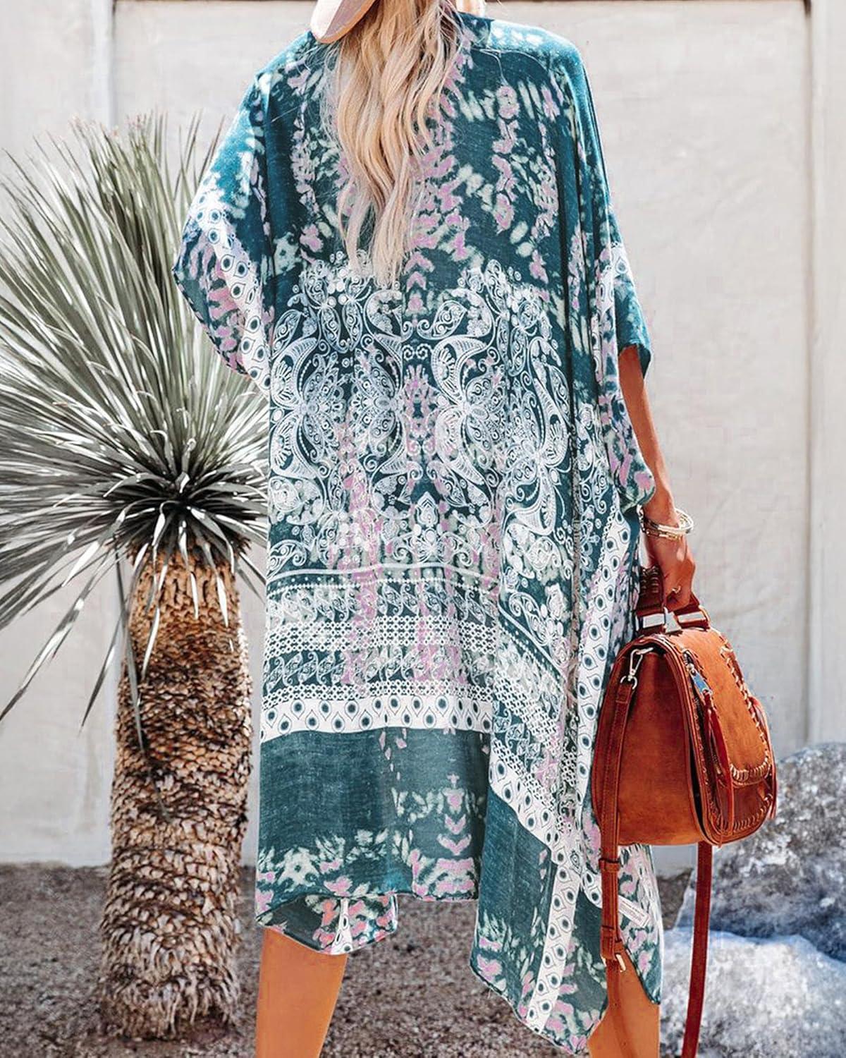 imageWomens Kimono Swimsuit Coverups Summer Beach Casual Loose Cardigans for SwimwearTeal Paisley Print