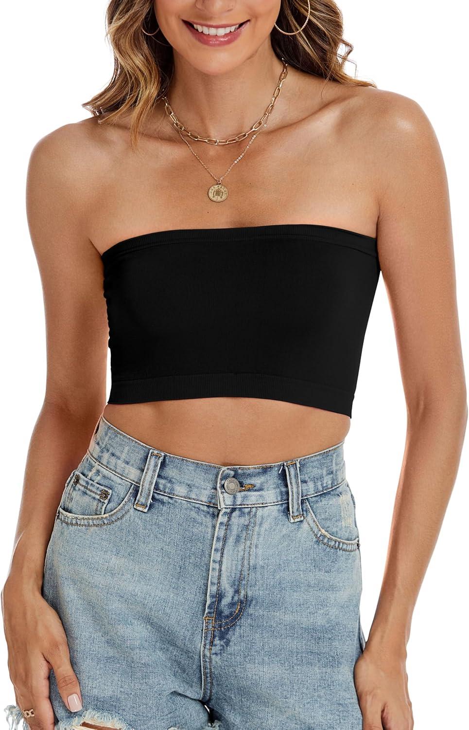 imageWomens Tube Tops Summer Bandeau Casual Crop Top Going Out Strapless Tank Basic Short Shirt2 Pieces Black black