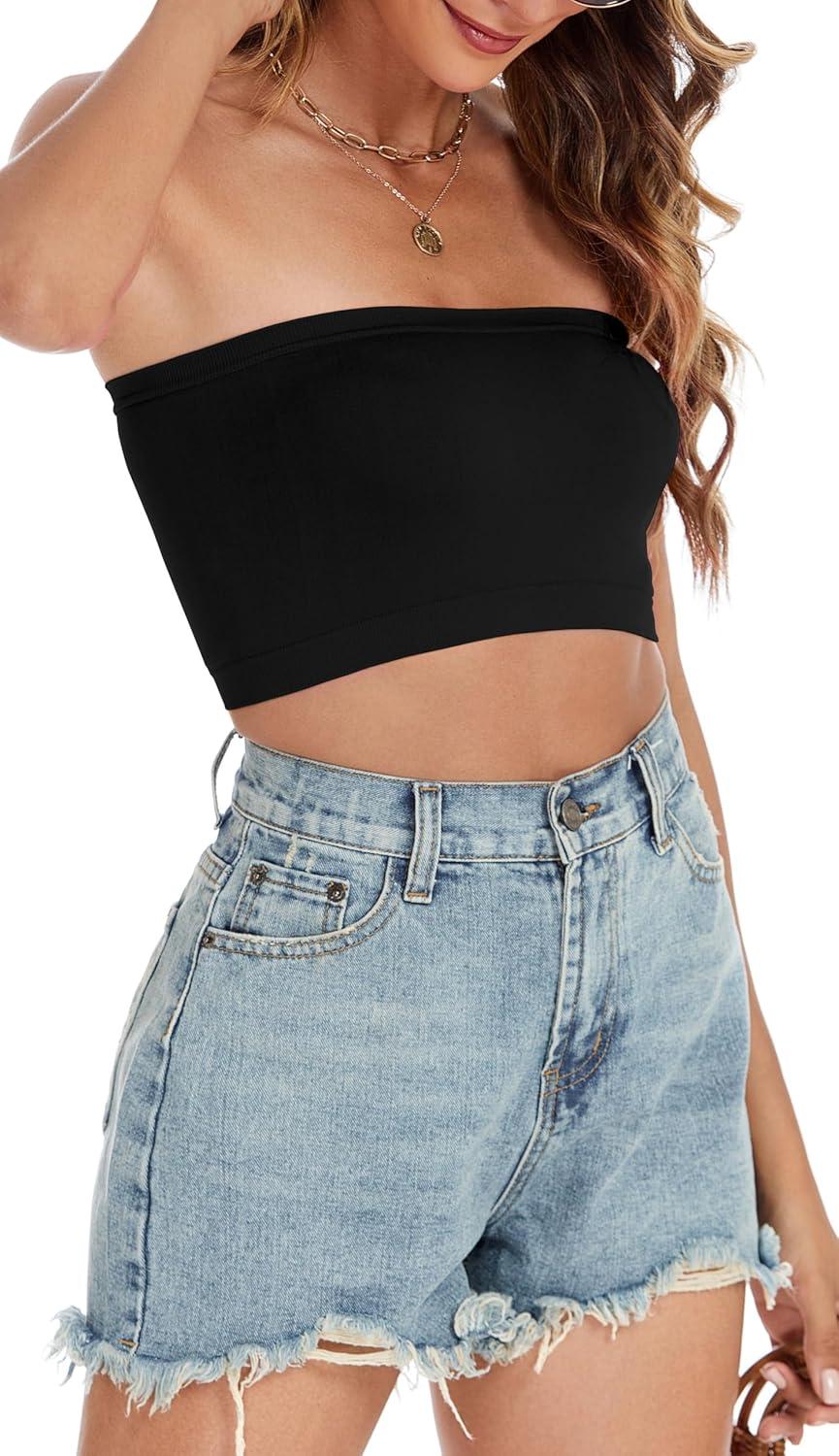 imageWomens Tube Tops Summer Bandeau Casual Crop Top Going Out Strapless Tank Basic Short Shirt2 Pieces Black black