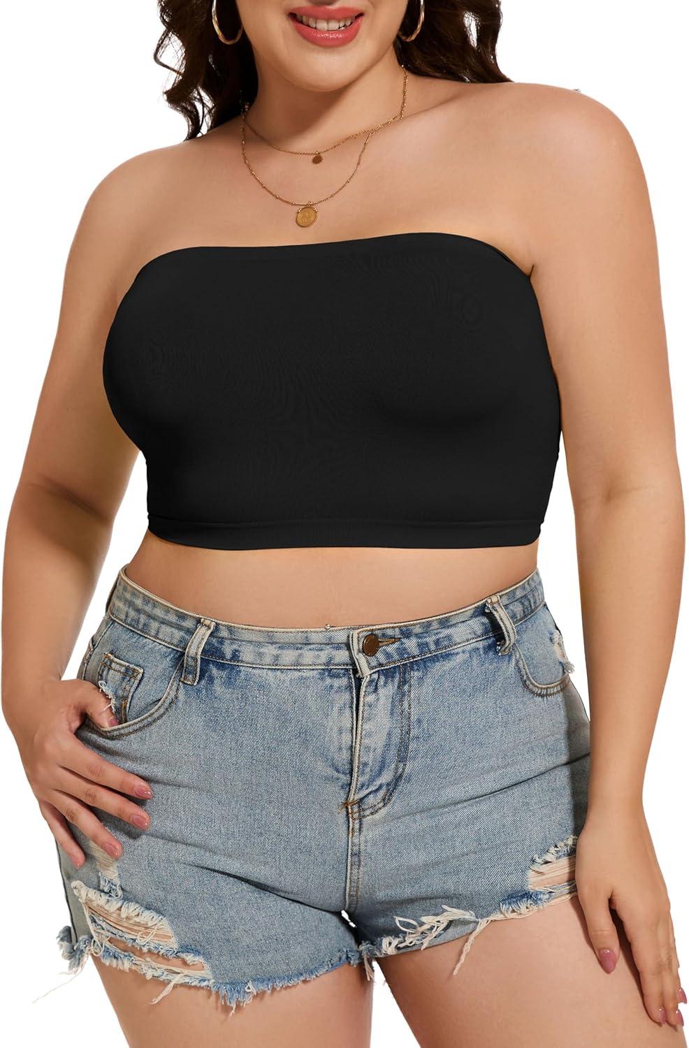 imageWomens Tube Tops Summer Bandeau Casual Crop Top Going Out Strapless Tank Basic Short Shirt2 Pieces Black black