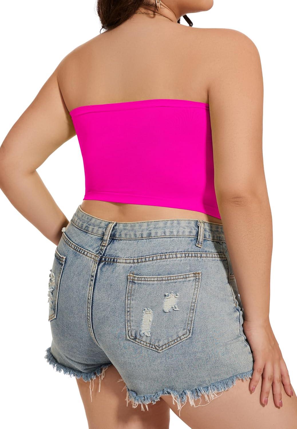 imageWomens Tube Tops Summer Bandeau Casual Crop Top Going Out Strapless Tank Basic Short Shirt2 Pieces Black neon Pink