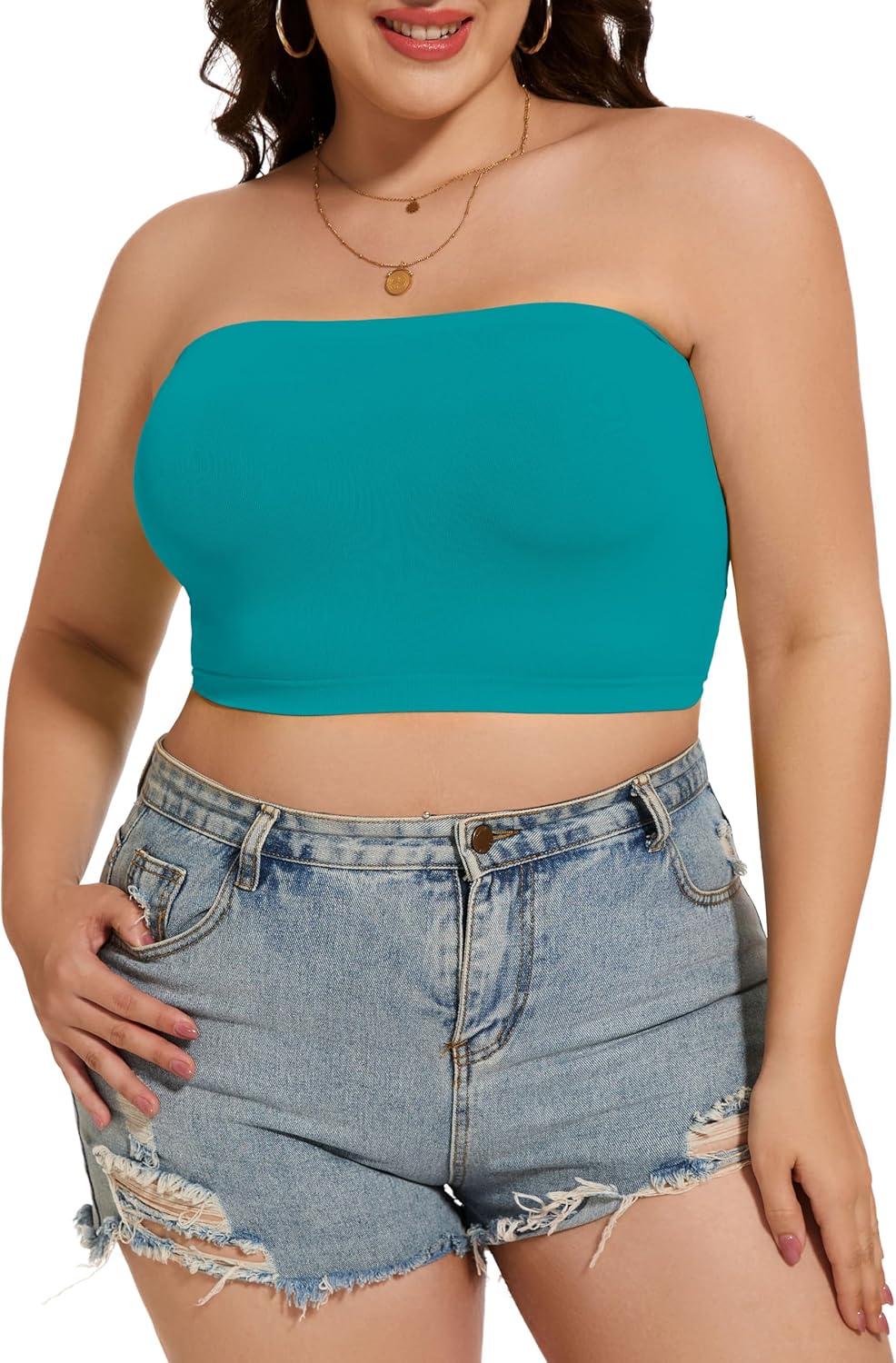 imageWomens Tube Tops Summer Bandeau Casual Crop Top Going Out Strapless Tank Basic Short Shirt2 Pieces Neon Pink azure Blue