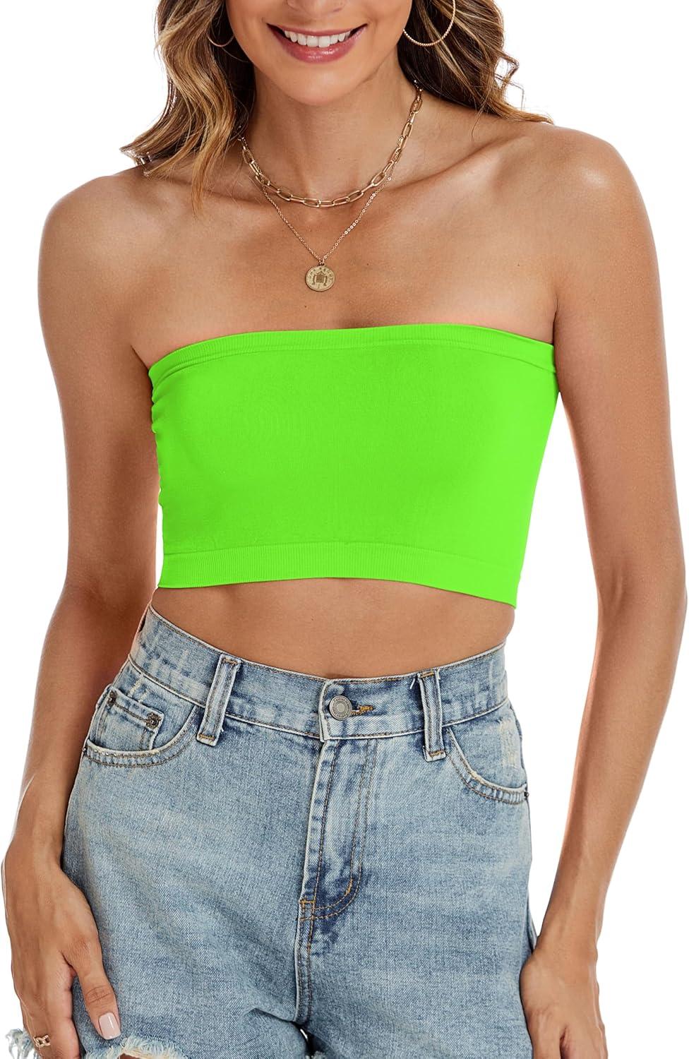 imageWomens Tube Tops Summer Bandeau Casual Crop Top Going Out Strapless Tank Basic Short Shirt2 Pieces White neon Green