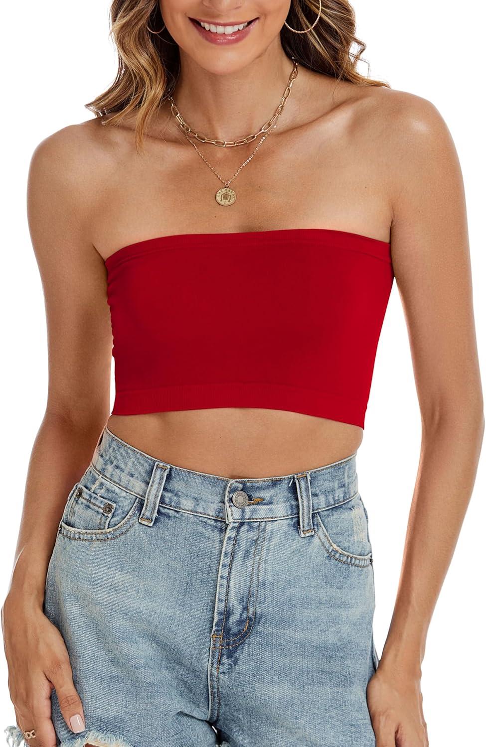 imageWomens Tube Tops Summer Bandeau Casual Crop Top Going Out Strapless Tank Basic Short Shirt2 Pieces White red