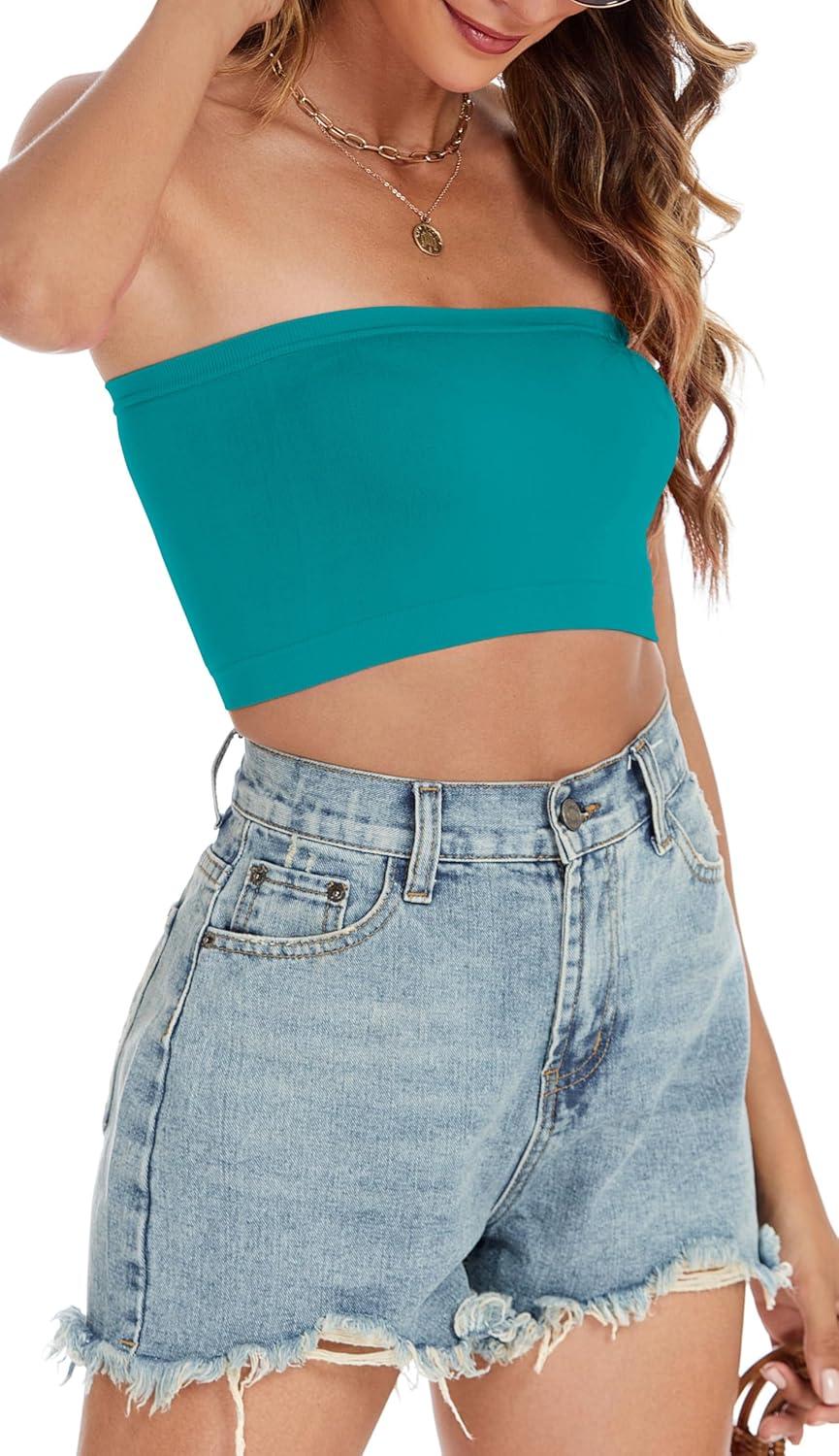 imageWomens Tube Tops Summer Bandeau Casual Crop Top Going Out Strapless Tank Basic Short Shirt3 Pieces Azure Blue neon Green red