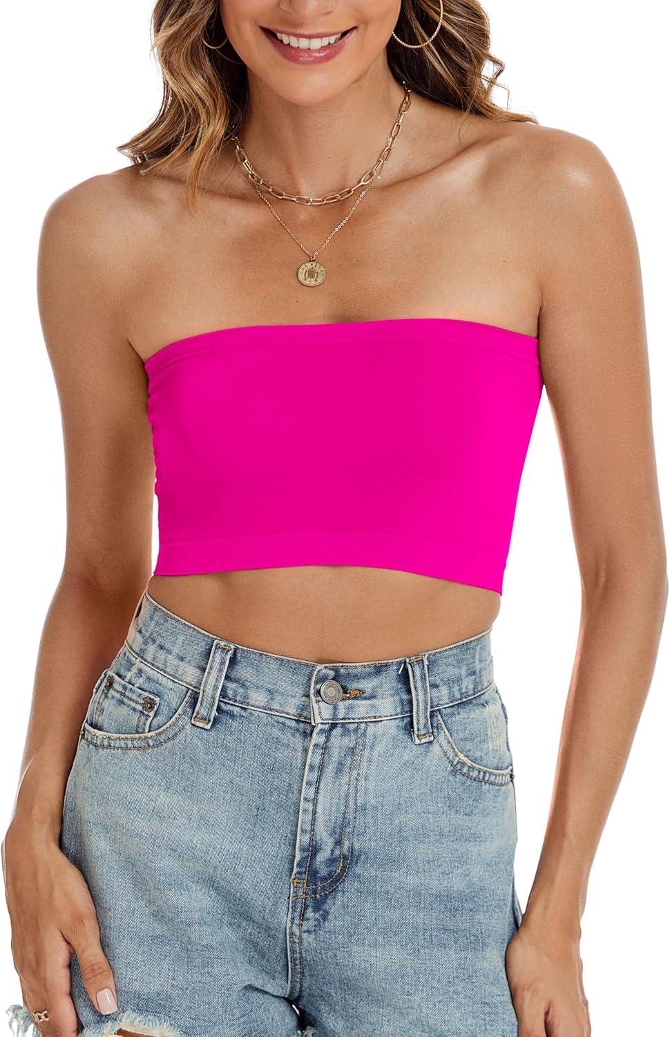 imageWomens Tube Tops Summer Bandeau Casual Crop Top Going Out Strapless Tank Basic Short Shirt3 Pieces Black white neon Pink