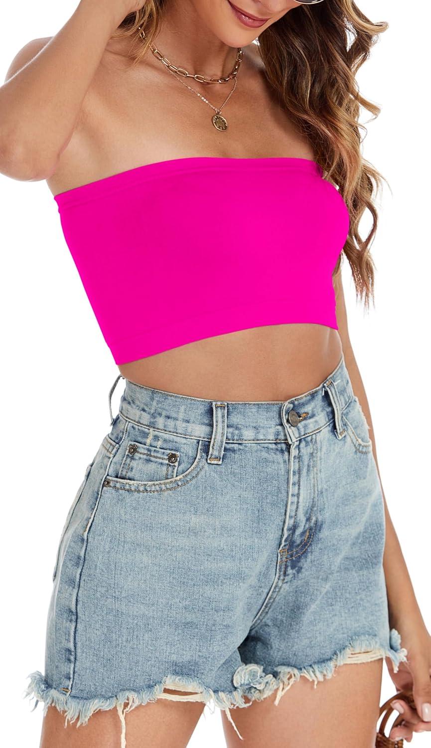 imageWomens Tube Tops Summer Bandeau Casual Crop Top Going Out Strapless Tank Basic Short Shirt3 Pieces Black white neon Pink