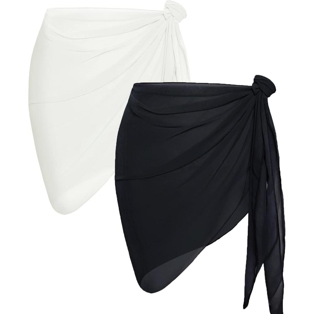 imageCHICGAL 2 Pieces Women Beach Sarong Bathing Suit Wrap Skirt Sheer Bikini Swimsuit Cover Ups for SwimwearA White and Black