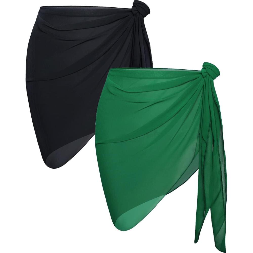 imageCHICGAL 2 Pieces Women Beach Sarong Bathing Suit Wrap Skirt Sheer Bikini Swimsuit Cover Ups for SwimwearBlack  Dark Green