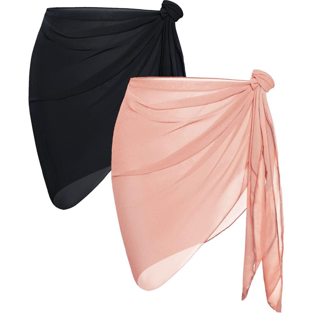 imageCHICGAL 2 Pieces Women Beach Sarong Bathing Suit Wrap Skirt Sheer Bikini Swimsuit Cover Ups for SwimwearBlack  Orange Pink