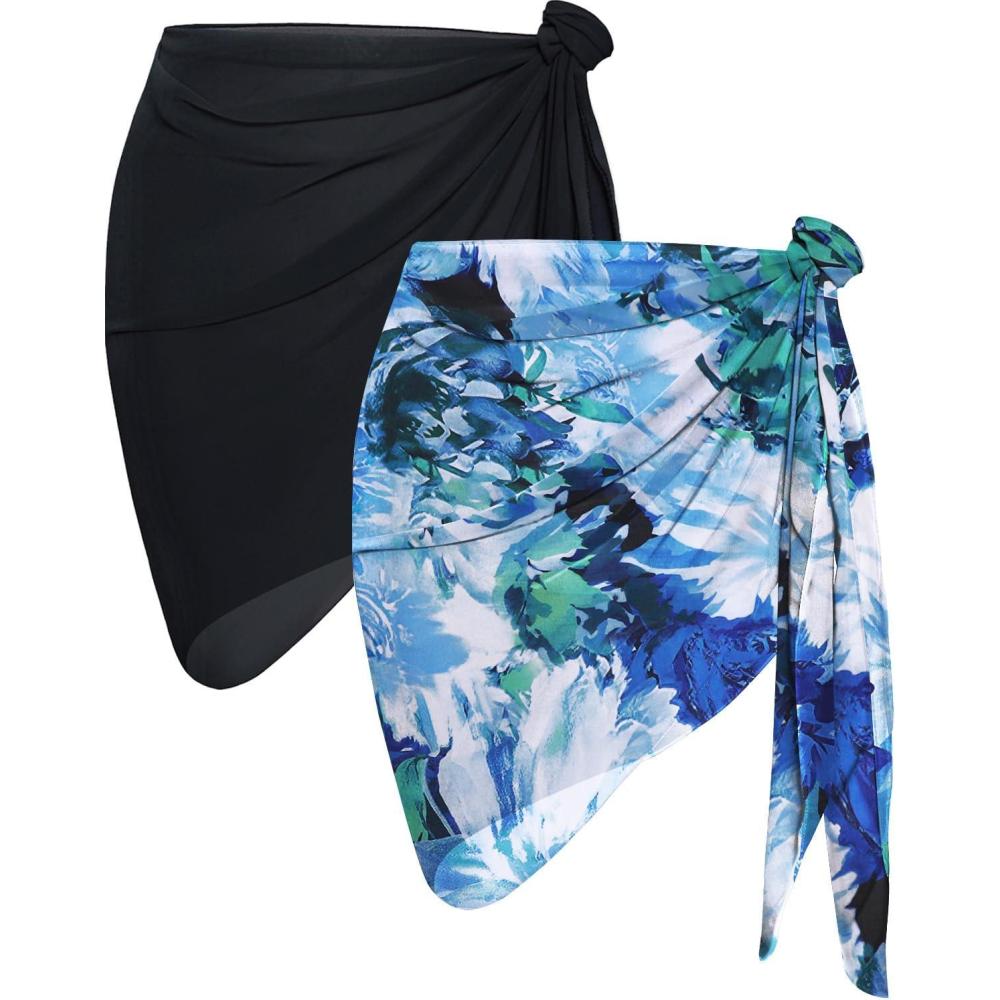 imageCHICGAL 2 Pieces Women Beach Sarong Bathing Suit Wrap Skirt Sheer Bikini Swimsuit Cover Ups for SwimwearBlack and White Blue Flowers