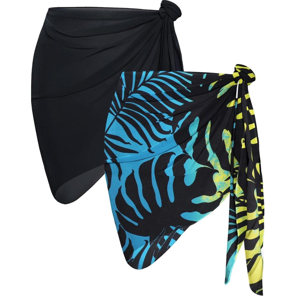 imageCHICGAL 2 Pieces Women Beach Sarong Bathing Suit Wrap Skirt Sheer Bikini Swimsuit Cover Ups for SwimwearBlack and Yellow Blue Leaf