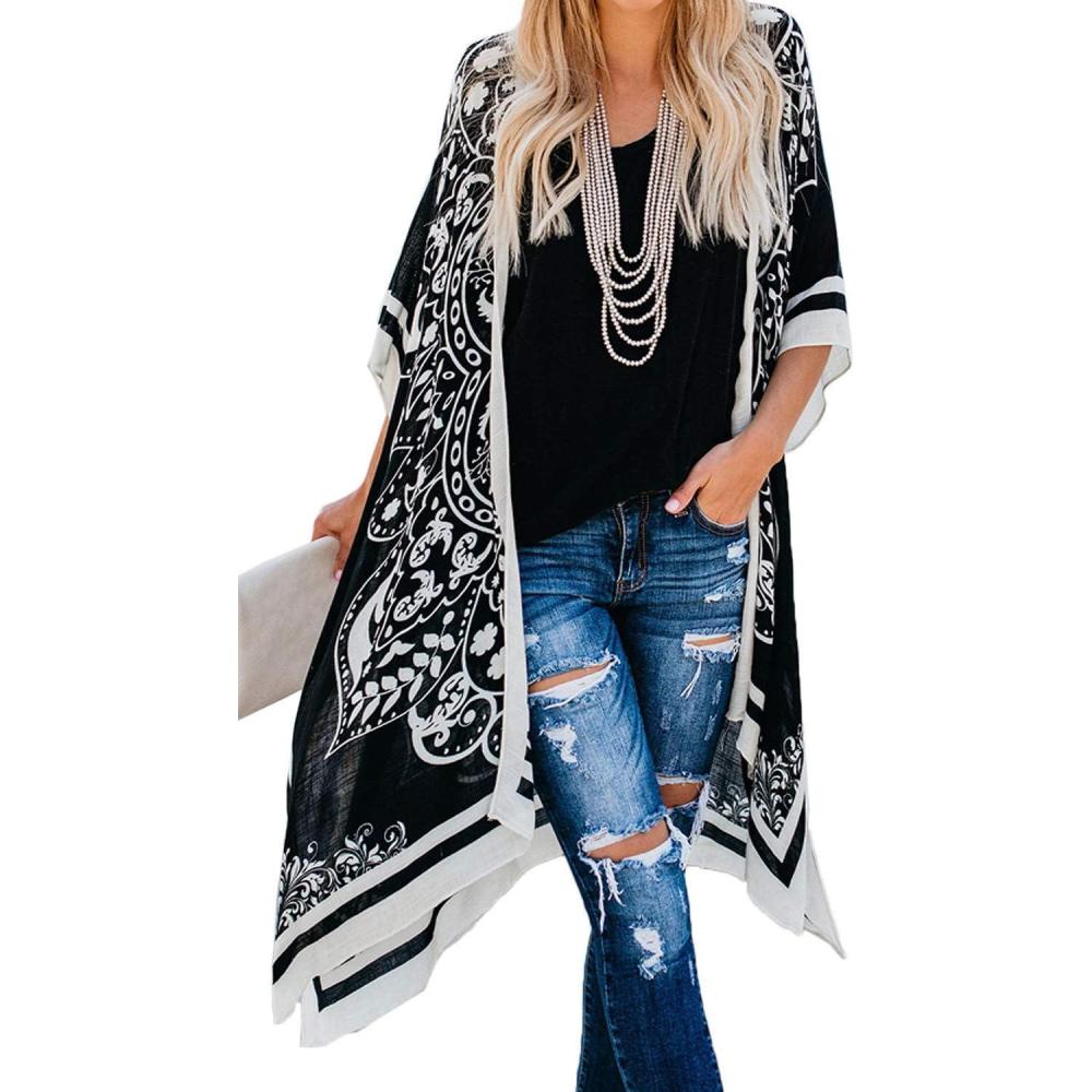 imageWomens Kimono Swimsuit Coverups Summer Beach Casual Loose Cardigans for SwimwearBlack Boho