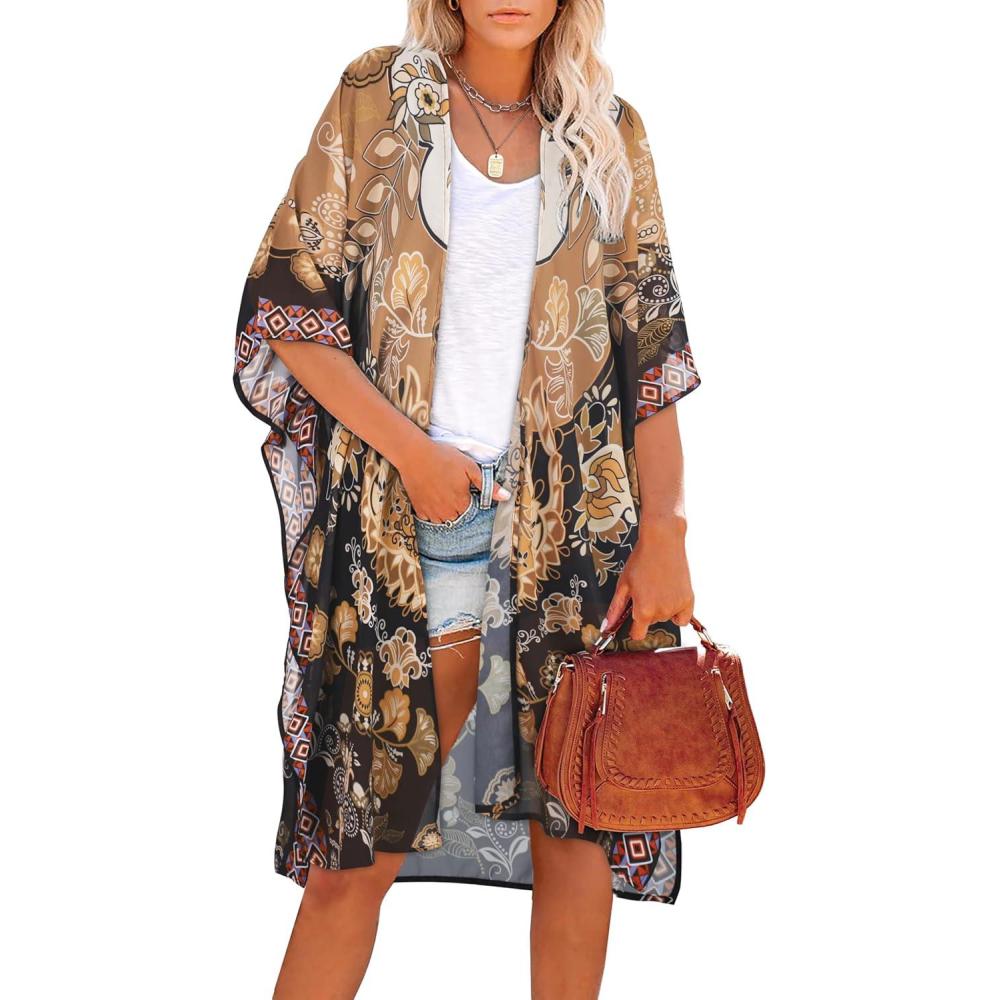 imageWomens Kimono Swimsuit Coverups Summer Beach Casual Loose Cardigans for SwimwearBlack Khaki Ethnic