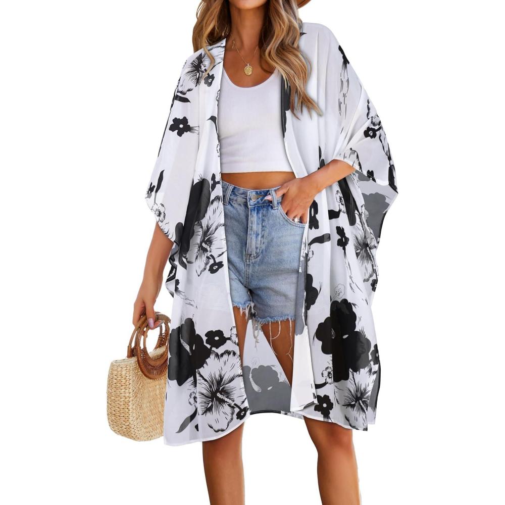 imageWomens Kimono Swimsuit Coverups Summer Beach Casual Loose Cardigans for SwimwearBlack White Floral
