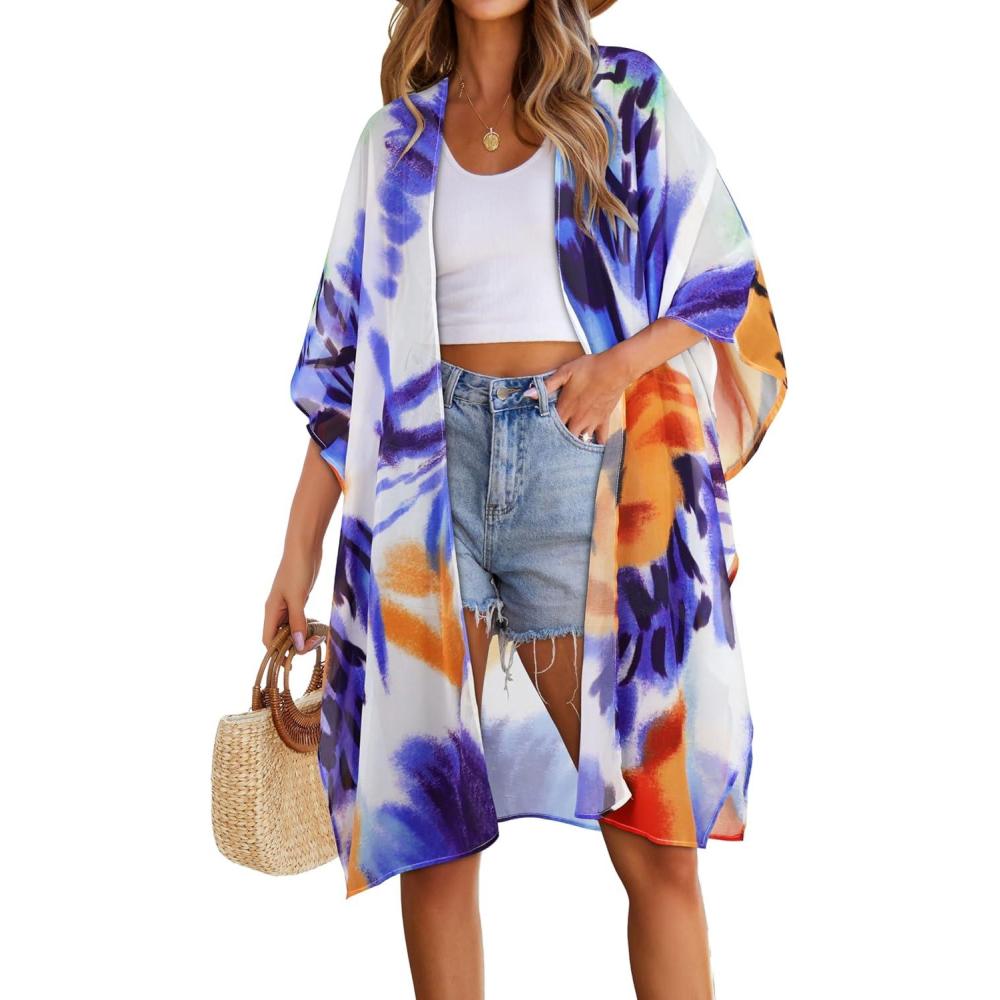 imageWomens Kimono Swimsuit Coverups Summer Beach Casual Loose Cardigans for SwimwearOrange Blue Print