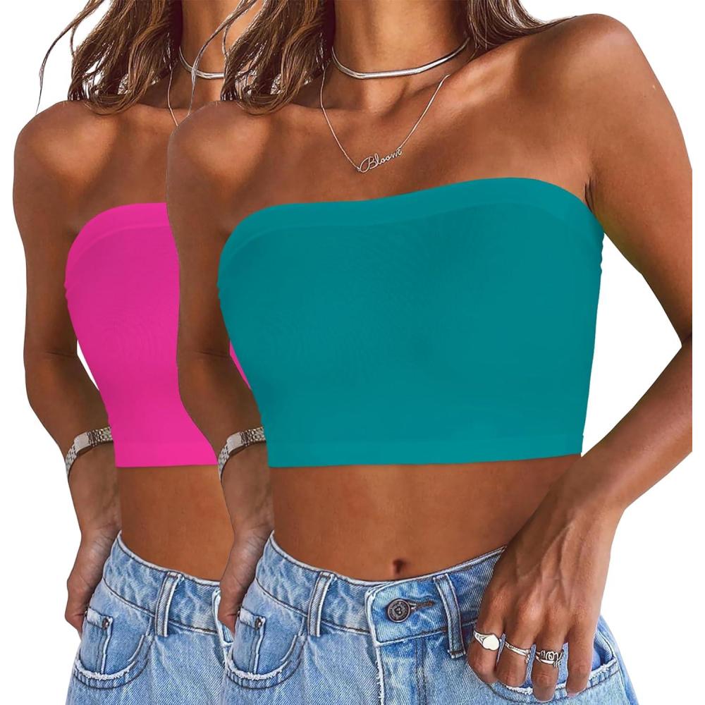 imageWomens Tube Tops Summer Bandeau Casual Crop Top Going Out Strapless Tank Basic Short Shirt2 Pieces Neon Pink azure Blue