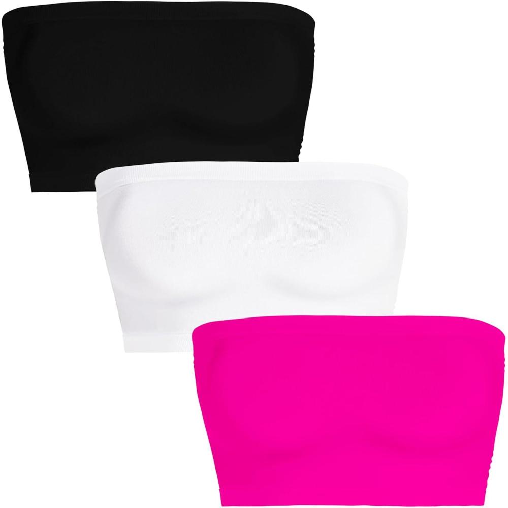 imageWomens Tube Tops Summer Bandeau Casual Crop Top Going Out Strapless Tank Basic Short Shirt3 Pieces Black white neon Pink