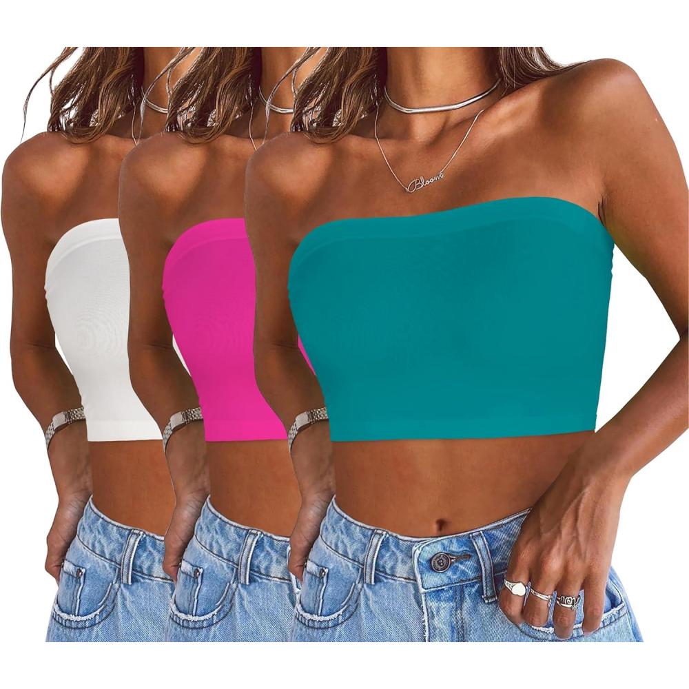 imageWomens Tube Tops Summer Bandeau Casual Crop Top Going Out Strapless Tank Basic Short Shirt3 Pieces White neon Pink azure Blue