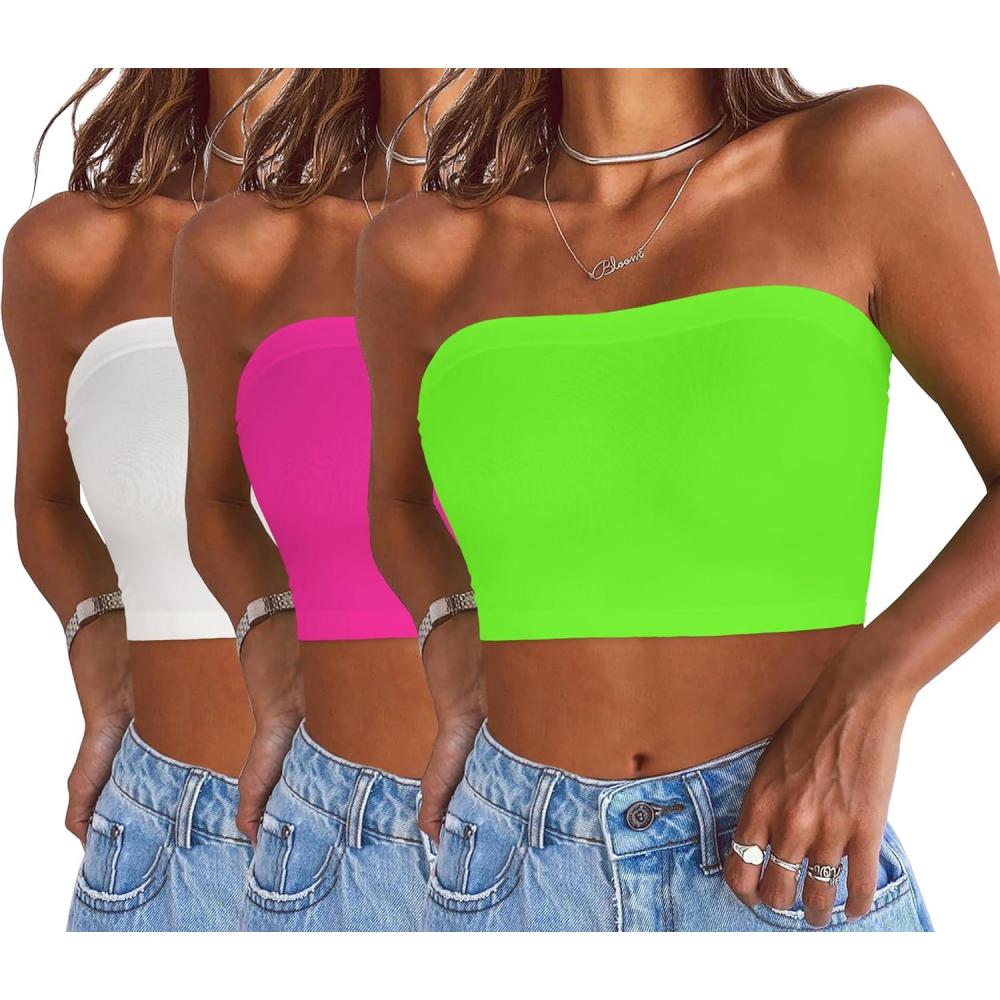 imageWomens Tube Tops Summer Bandeau Casual Crop Top Going Out Strapless Tank Basic Short Shirt3 Pieces White neon Pink neon Green