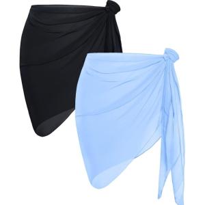 imageCHICGAL 2 Pieces Women Beach Sarong Bathing Suit Wrap Skirt Sheer Bikini Swimsuit Cover Ups for SwimwearBlack  Light Blue