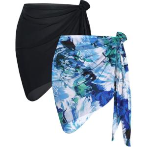 imageCHICGAL 2 Pieces Women Beach Sarong Bathing Suit Wrap Skirt Sheer Bikini Swimsuit Cover Ups for SwimwearBlack and White Blue Flowers