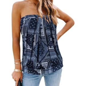 imageCHICGAL Womens Tube Tops Summer Casual Bandeau Tank Casual Strapless Blouse Off The Shoulder Tunic ShirtsNavy Diamond