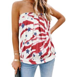 imageCHICGAL Womens Tube Tops Summer Casual Bandeau Tank Casual Strapless Blouse Off The Shoulder Tunic ShirtsRed Tiedye