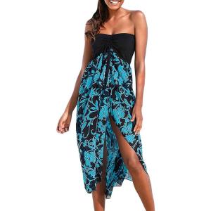 imageWomens Beach Dress Summer Maxi Sundress Strapless Hawaiian Cover Ups Asymmetrical Wrap DressesBlack and Blue Turquoise