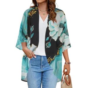 imageWomens Floral Print Puff Sleeve Kimono Cardigan Loose Cover Up Casual Blouse TopsBlue Dark Floral