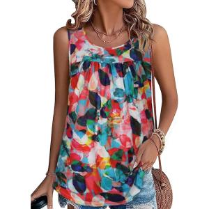 imageCHICGAL Womens Summer Tank Tops Sleeveless T Shirt Casual Loose Fit Tunic BlousesSummer Colorful Leaves
