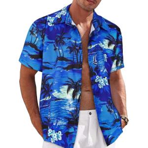 imageMens Hawaiian Shirt Short Sleeve Summer Beach Casual Tops Button Down T Shirts with PocketBlue Palm Tree