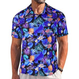 imageMens Hawaiian Shirt Short Sleeve Summer Beach Casual Tops Button Down T Shirts with PocketBlue Pineapple