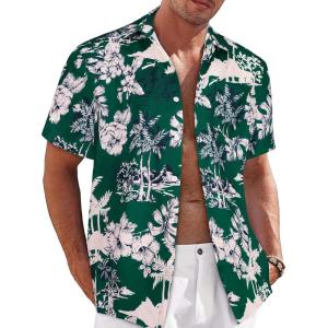 imageMens Hawaiian Shirt Short Sleeve Summer Beach Casual Tops Button Down T Shirts with PocketGreen Flower Leaf