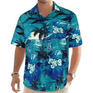 imageMens Hawaiian Shirt Short Sleeve Summer Beach Casual Tops Button Down T Shirts with PocketGreen Palm Tree