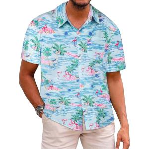 imageMens Hawaiian Shirt Short Sleeve Summer Beach Casual Tops Button Down T Shirts with PocketLake Blue Flamingo