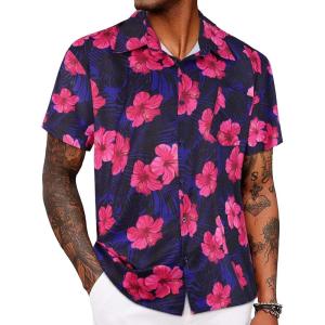 imageMens Hawaiian Shirt Short Sleeve Summer Beach Casual Tops Button Down T Shirts with PocketPink Navy Floral
