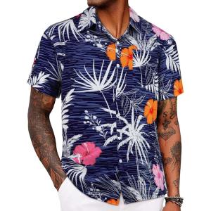 imageMens Hawaiian Shirt Short Sleeve Summer Beach Casual Tops Button Down T Shirts with PocketPink Orange Flower