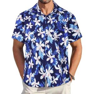 imageMens Hawaiian Shirt Short Sleeve Summer Beach Casual Tops Button Down T Shirts with PocketWhite Navy Floral