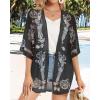 imageWomens Floral Print Puff Sleeve Kimono Cardigan Loose Cover Up Casual Blouse TopsBlack