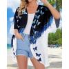 imageWomens Floral Print Puff Sleeve Kimono Cardigan Loose Cover Up Casual Blouse TopsBlack Blue Butterfly
